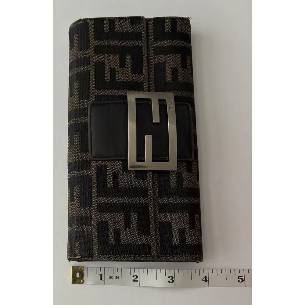 Fendi FF Zucca Logo Long Clutch Flap Wallet Credit Card Zipper Brown Black